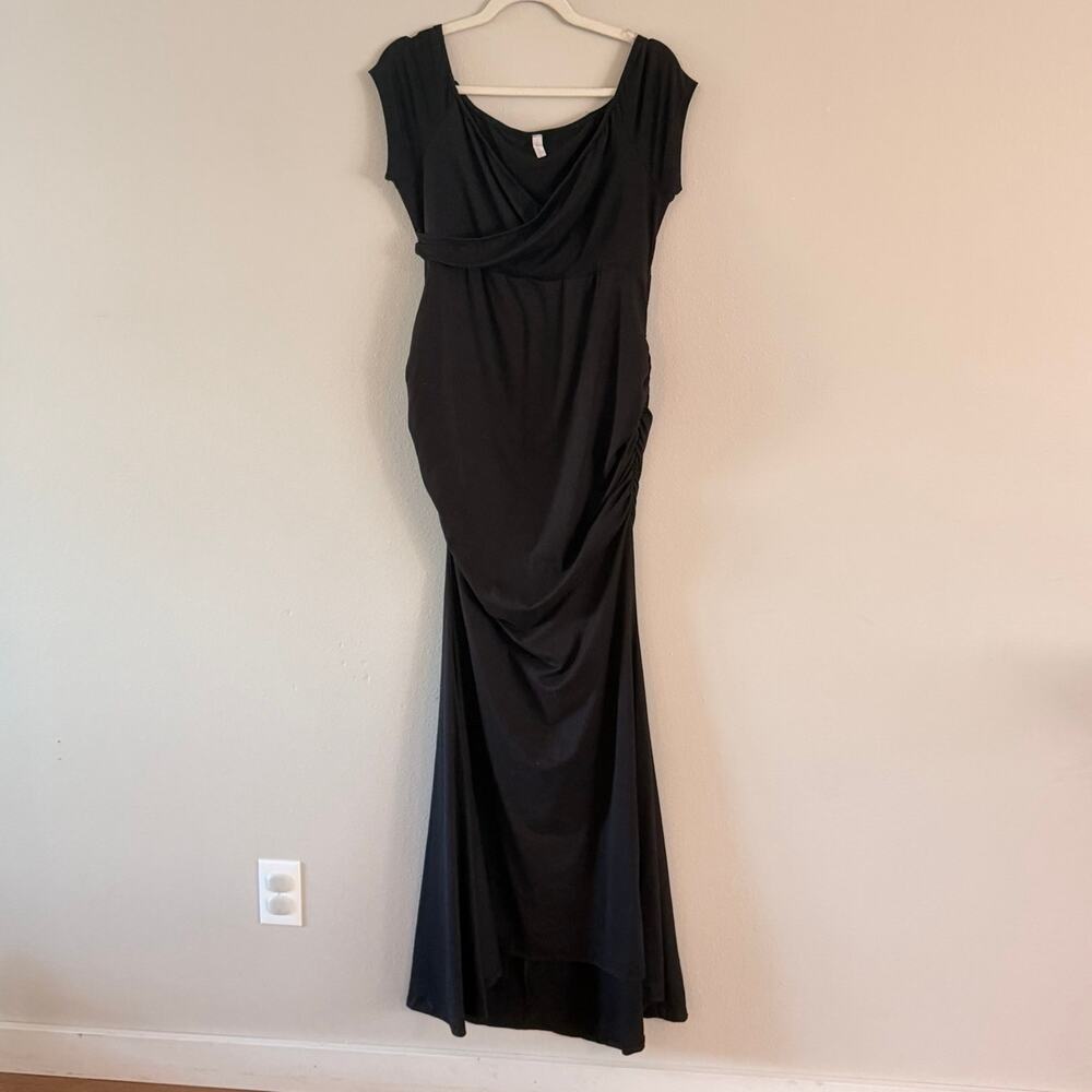 PinkBlush Maternity Black Maxi Dress Size Large Ruched Short Sleeve Formal
